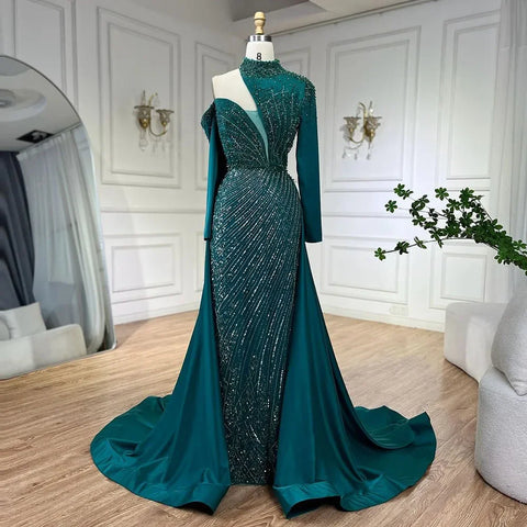 Vestidos de noche de lujo de Dubai, elegantes, de sirena, con un solo hombro y cuentas, color verde árabe, para mujer, ideales para bodas y fiestas (LA72550) 