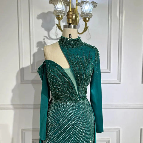 Vestidos de noche de lujo de Dubai, elegantes, de sirena, con un solo hombro y cuentas, color verde árabe, para mujer, ideales para bodas y fiestas (LA72550) 