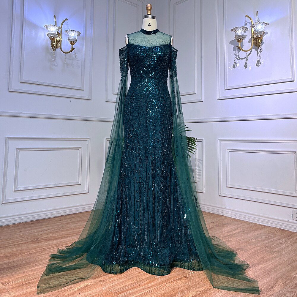 Arabic Green Mermaid Beaded Formal Evening Dresses With Cape Sleeves For Woman Wedding  Party Gowns LA72041