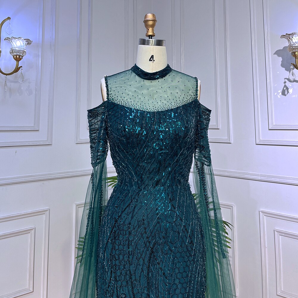 Arabic Green Mermaid Beaded Formal Evening Dresses With Cape Sleeves For Woman Wedding  Party Gowns LA72041