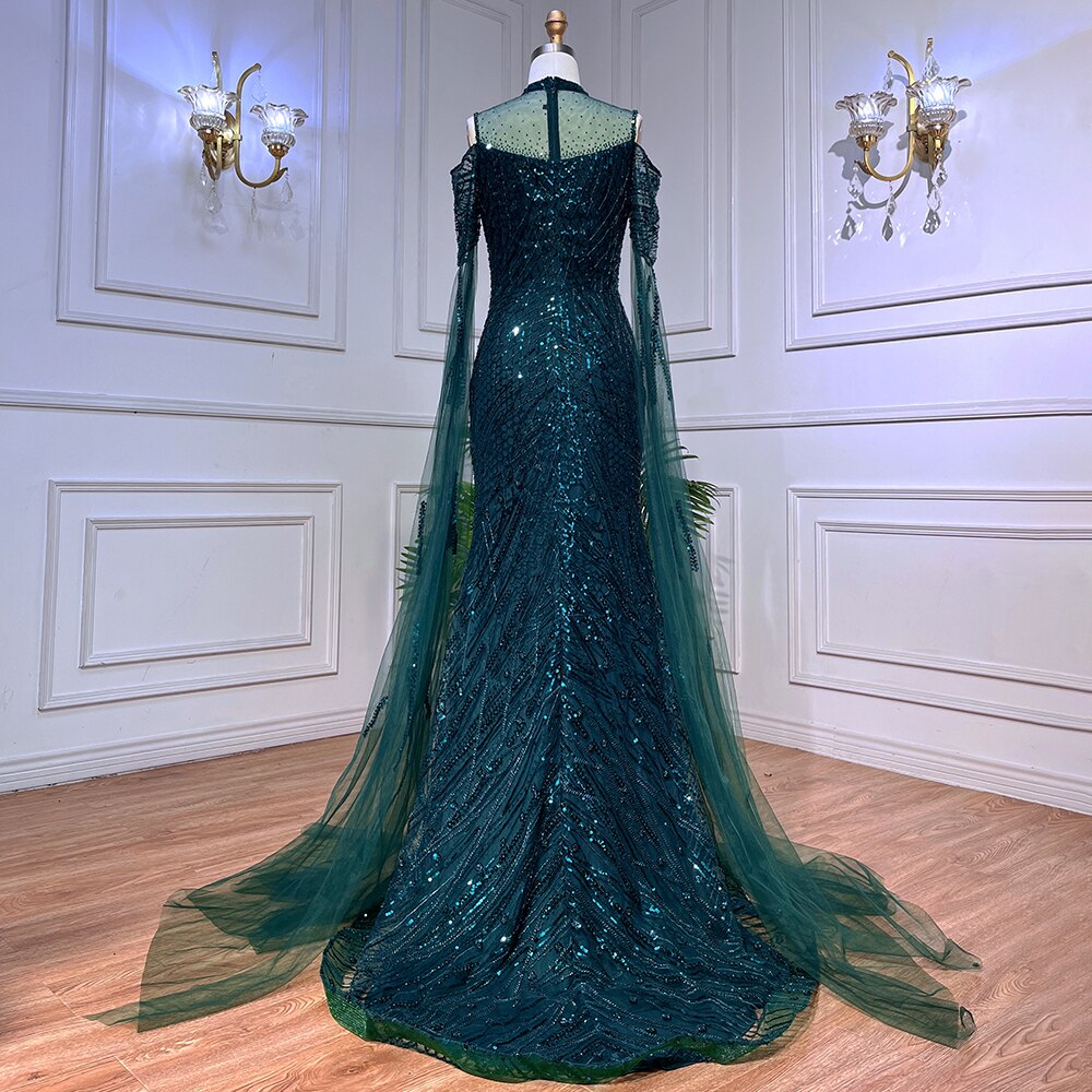Vestidos de noche formales de sirena verde árabe con cuentas y mangas tipo capa para mujer, vestidos de fiesta de bodas LA72041 