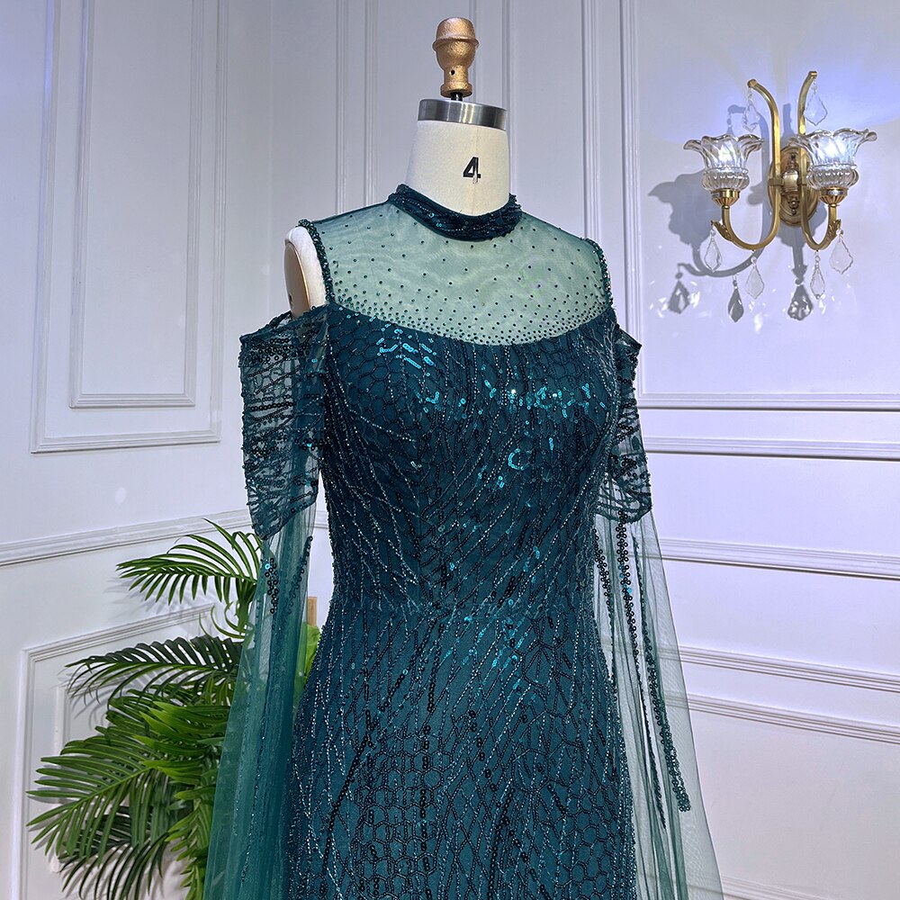 Arabic Green Mermaid Beaded Formal Evening Dresses With Cape Sleeves For Woman Wedding  Party Gowns LA72041