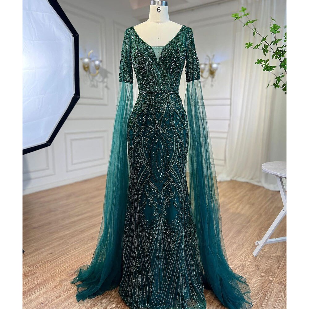 Arabic Green Mermaid Elegant Beaded Evening Dresses With Cape Sleeves Gowns For Women  Wedding Party 2025 LA72131