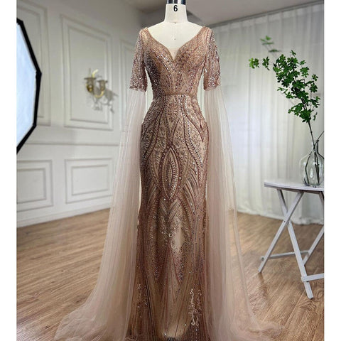 Robe de soirée sirène verte arabe élégante, ornée de perles, avec manches cape, pour femme, tenue de mariage, 2025, LA72131 