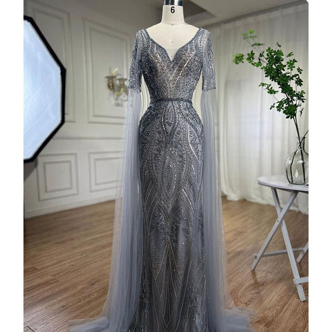 Robe de soirée sirène verte arabe élégante, ornée de perles, avec manches cape, pour femme, tenue de mariage, 2025, LA72131 