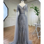 Robe de soirée sirène verte arabe élégante, ornée de perles, avec manches cape, pour femme, tenue de mariage, 2025, LA72131 