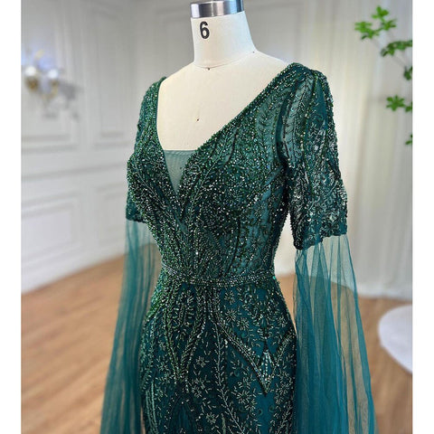 Robe de soirée sirène verte arabe élégante, ornée de perles, avec manches cape, pour femme, tenue de mariage, 2025, LA72131 