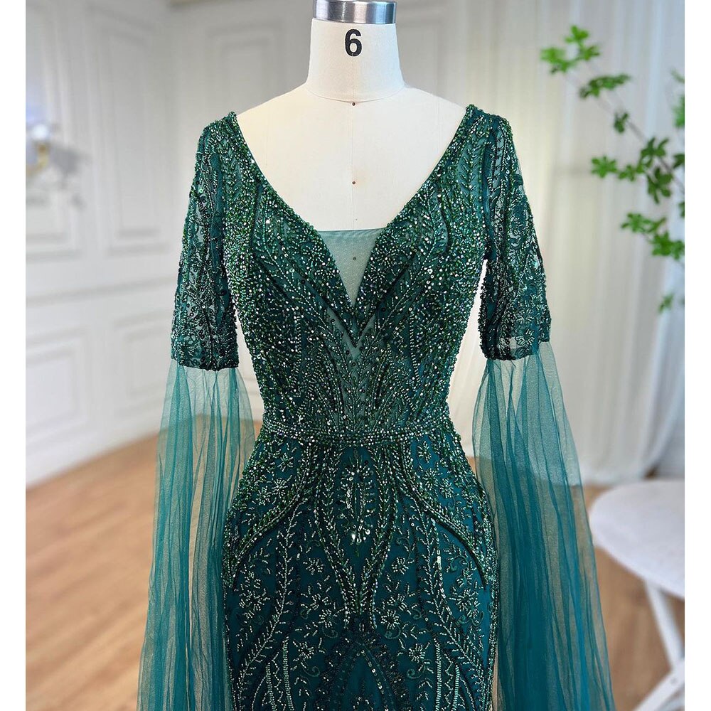 Arabic Green Mermaid Elegant Beaded Evening Dresses With Cape Sleeves Gowns For Women  Wedding Party 2025 LA72131