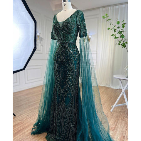 Robe de soirée sirène verte arabe élégante, ornée de perles, avec manches cape, pour femme, tenue de mariage, 2025, LA72131 