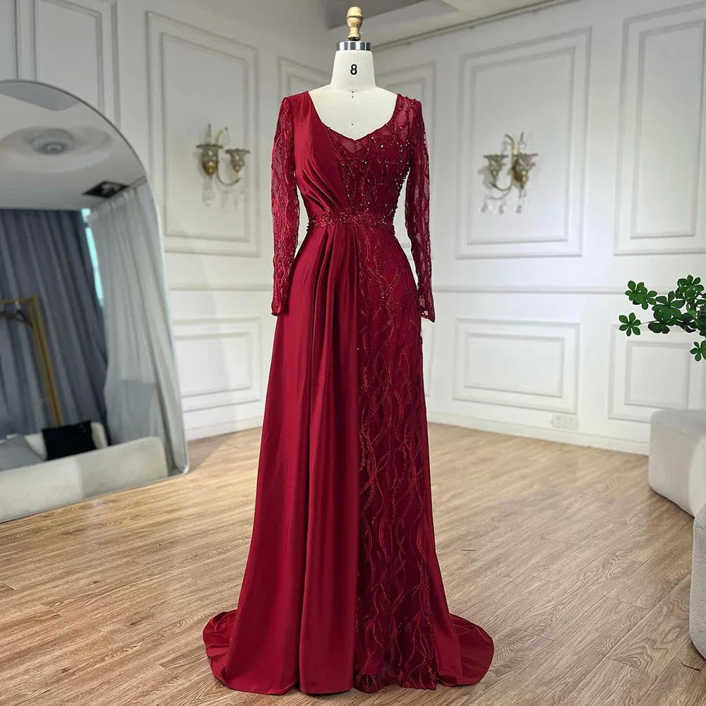 Vestido de noche de lujo estilo sirena, elegante, de satén verde árabe, con encaje y cuentas, ideal para bodas y fiestas (LA71860A) 