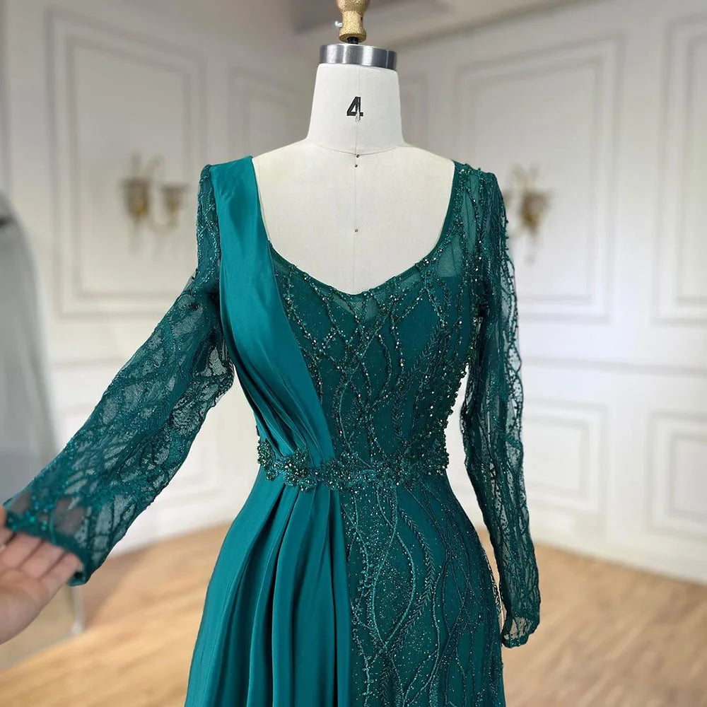 Vestido de noche de lujo estilo sirena, elegante, de satén verde árabe, con encaje y cuentas, ideal para bodas y fiestas (LA71860A) 
