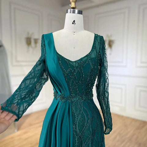 Robe de soirée sirène verte élégante en satin et dentelle perlée, tenue de luxe de Dubaï, pour femmes, pour fête de mariage, LA71860A 