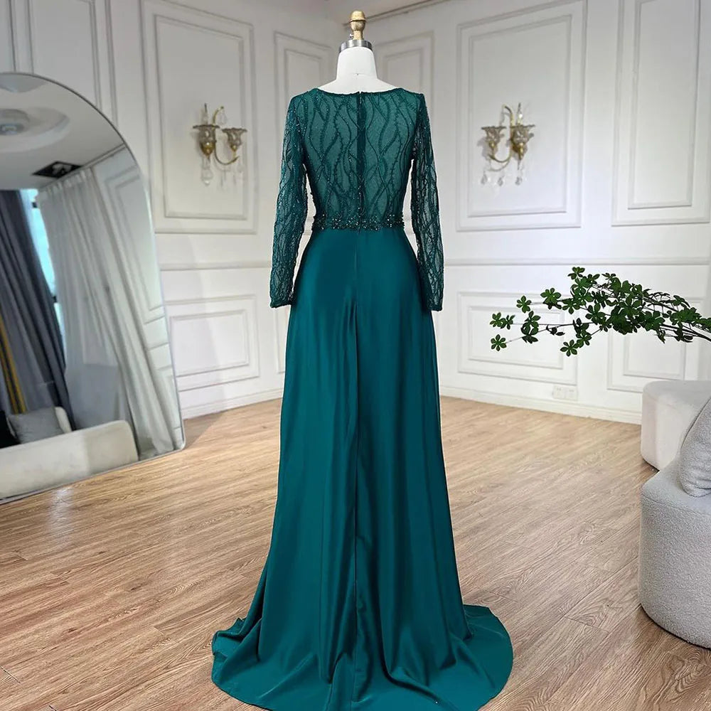 Vestido de noche de lujo estilo sirena, elegante, de satén verde árabe, con encaje y cuentas, ideal para bodas y fiestas (LA71860A) 
