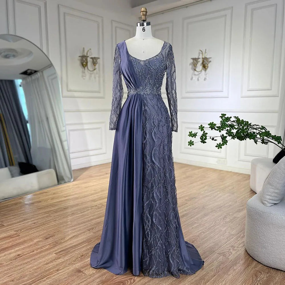 Vestido de noche de lujo estilo sirena, elegante, de satén verde árabe, con encaje y cuentas, ideal para bodas y fiestas (LA71860A) 