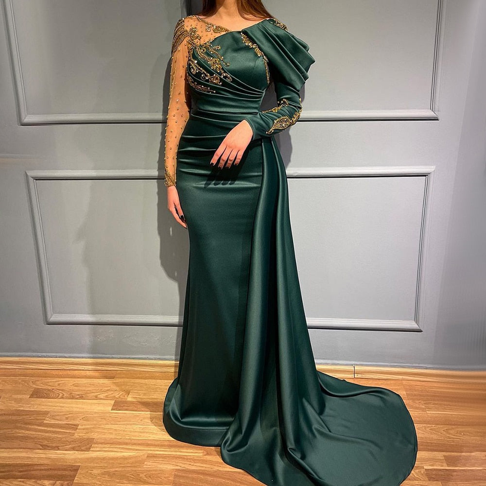 Robe de soirée sirène verte à col en V, élégante, luxueuse, en dentelle et perles, style arabe, pour femme, modèle LA71578 
