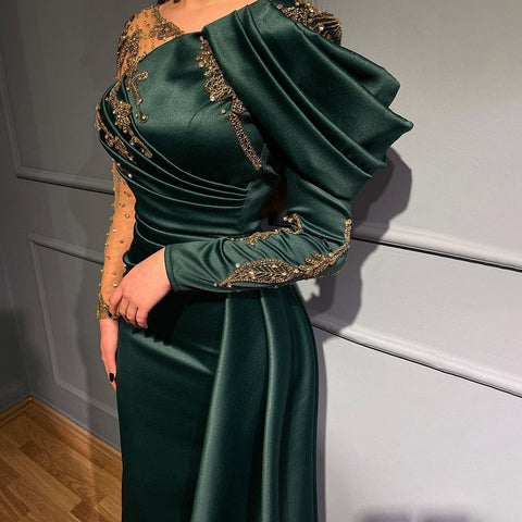 Arabic Green Mermaid V-Neck Evening Dresses Gowns Elegant Overskirt Luxury Lace Beaded 2025 For Women Party LA71578