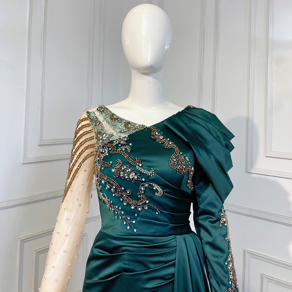 Robe de soirée sirène verte à col en V, élégante, luxueuse, en dentelle et perles, style arabe, pour femme, modèle LA71578 