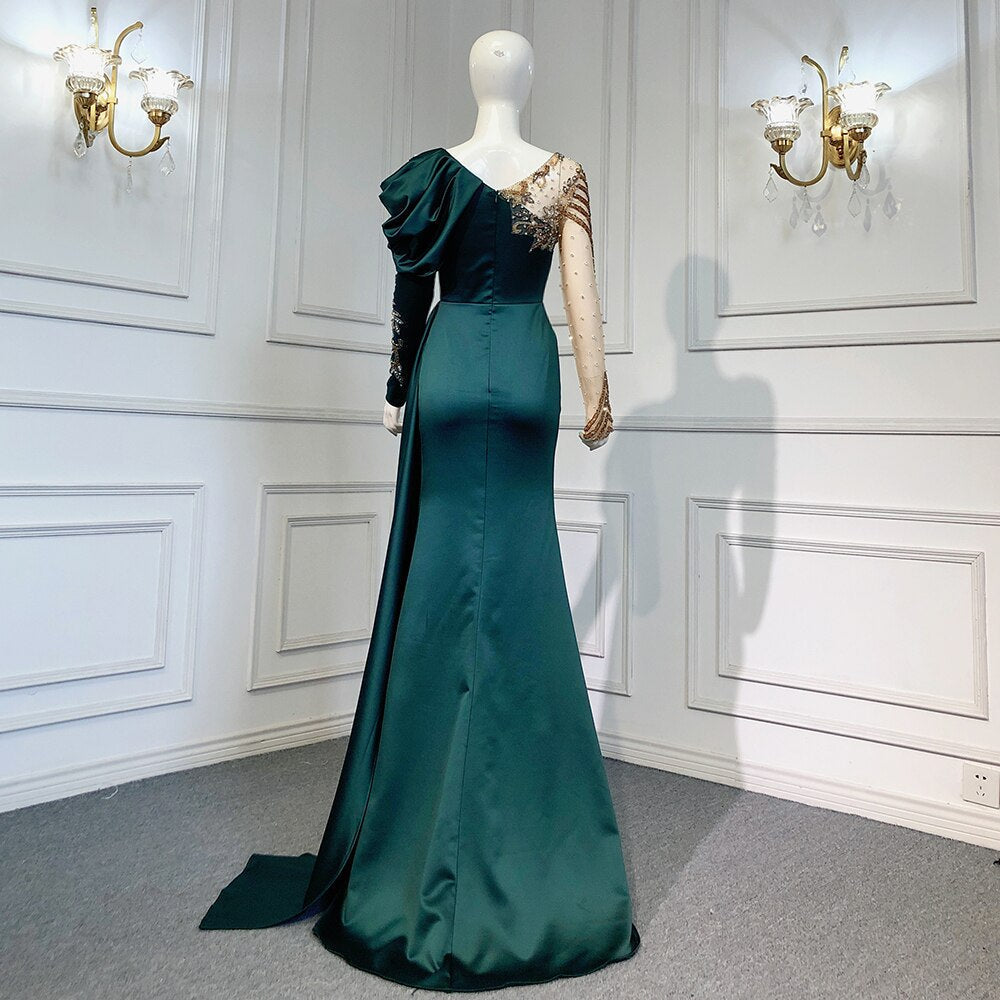 Robe de soirée sirène verte à col en V, élégante, luxueuse, en dentelle et perles, style arabe, pour femme, modèle LA71578 