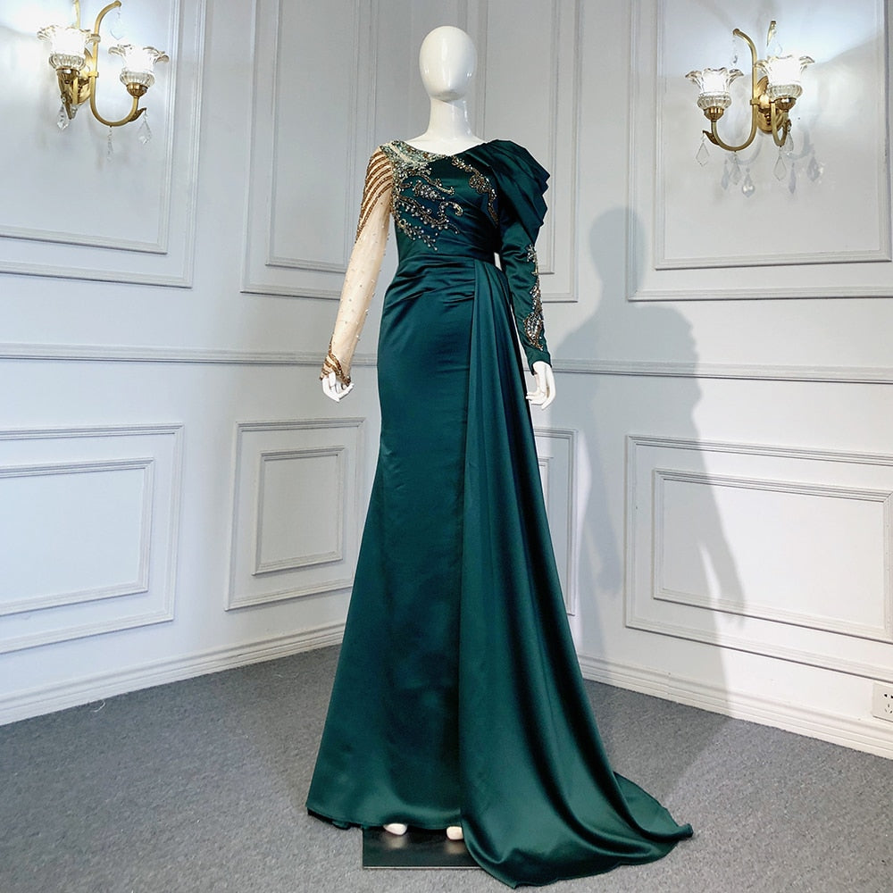 Robe de soirée sirène verte à col en V, élégante, luxueuse, en dentelle et perles, style arabe, pour femme, modèle LA71578 