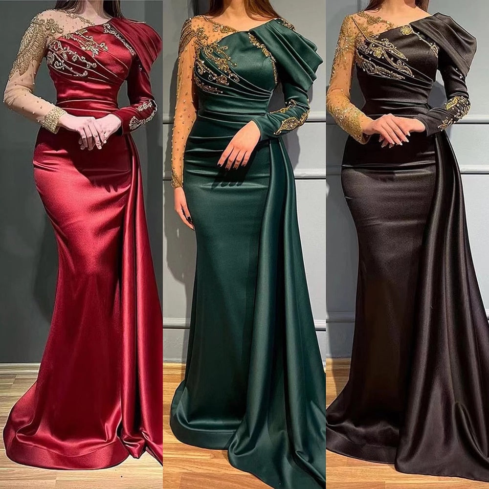 Robe de soirée sirène verte à col en V, élégante, luxueuse, en dentelle et perles, style arabe, pour femme, modèle LA71578 