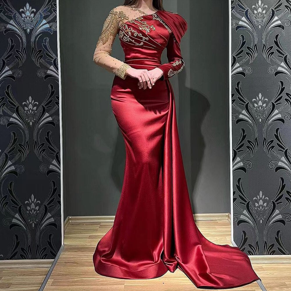 Robe de soirée sirène verte à col en V, élégante, luxueuse, en dentelle et perles, style arabe, pour femme, modèle LA71578 