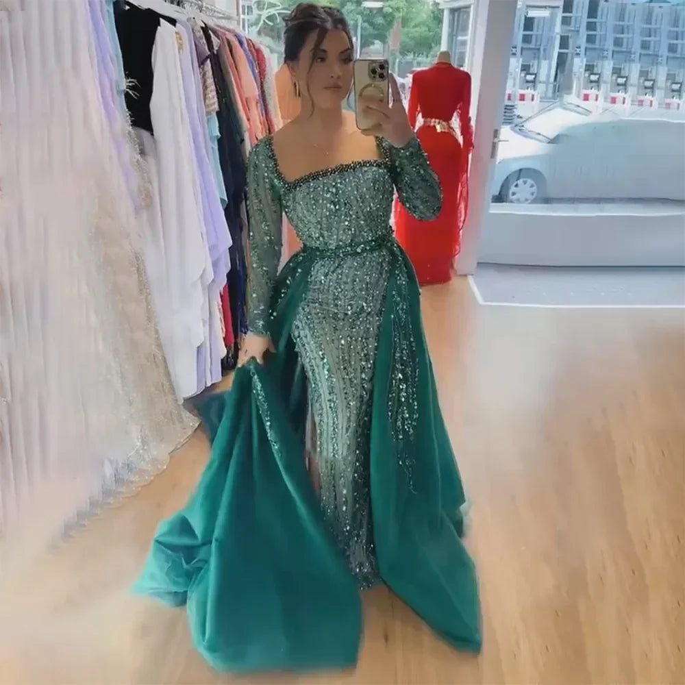 Arabic Green With Overskirt Mermaid Beaded Evening Dresses Luxury Gowns 2025 for Formal Occasion 2025 LA72710