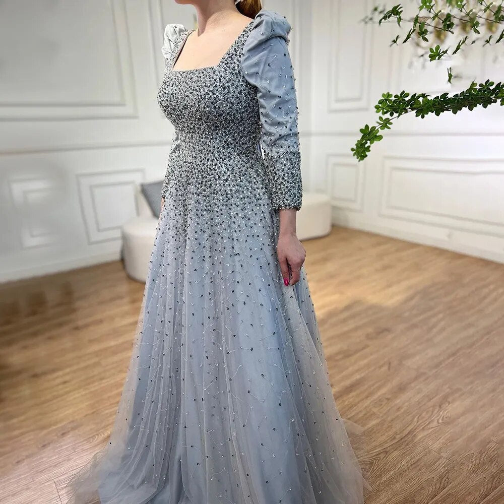 Arabic Grey A Line Elegant Beaded Luxury Evening Dresses Gowns Puffy Shoulder For Women Wedding Party 2025 LA71368