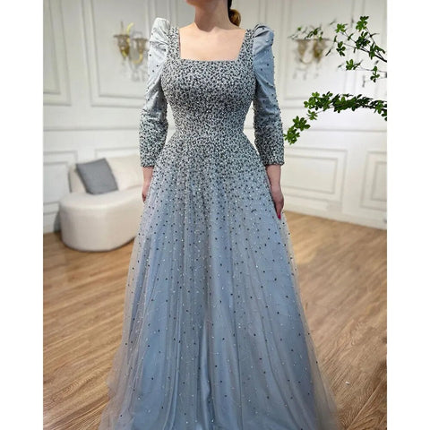 Robe de soirée élégante de luxe, style arabe gris, coupe trapèze, avec perles, épaules bouffantes, pour femme, tenue de mariage, 2025, LA71368 
