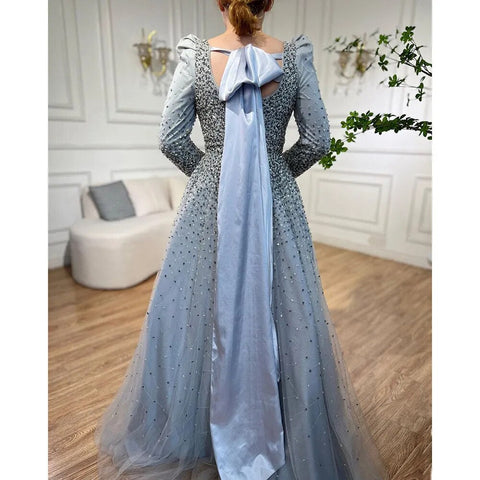 Robe de soirée élégante de luxe, style arabe gris, coupe trapèze, avec perles, épaules bouffantes, pour femme, tenue de mariage, 2025, LA71368 