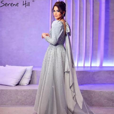 Robe de soirée élégante de luxe, style arabe gris, coupe trapèze, avec perles, épaules bouffantes, pour femme, tenue de mariage, 2025, LA71368 