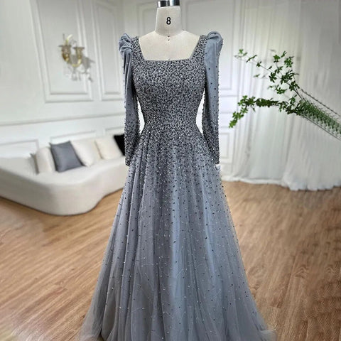 Robe de soirée élégante de luxe, style arabe gris, coupe trapèze, avec perles, épaules bouffantes, pour femme, tenue de mariage, 2025, LA71368 