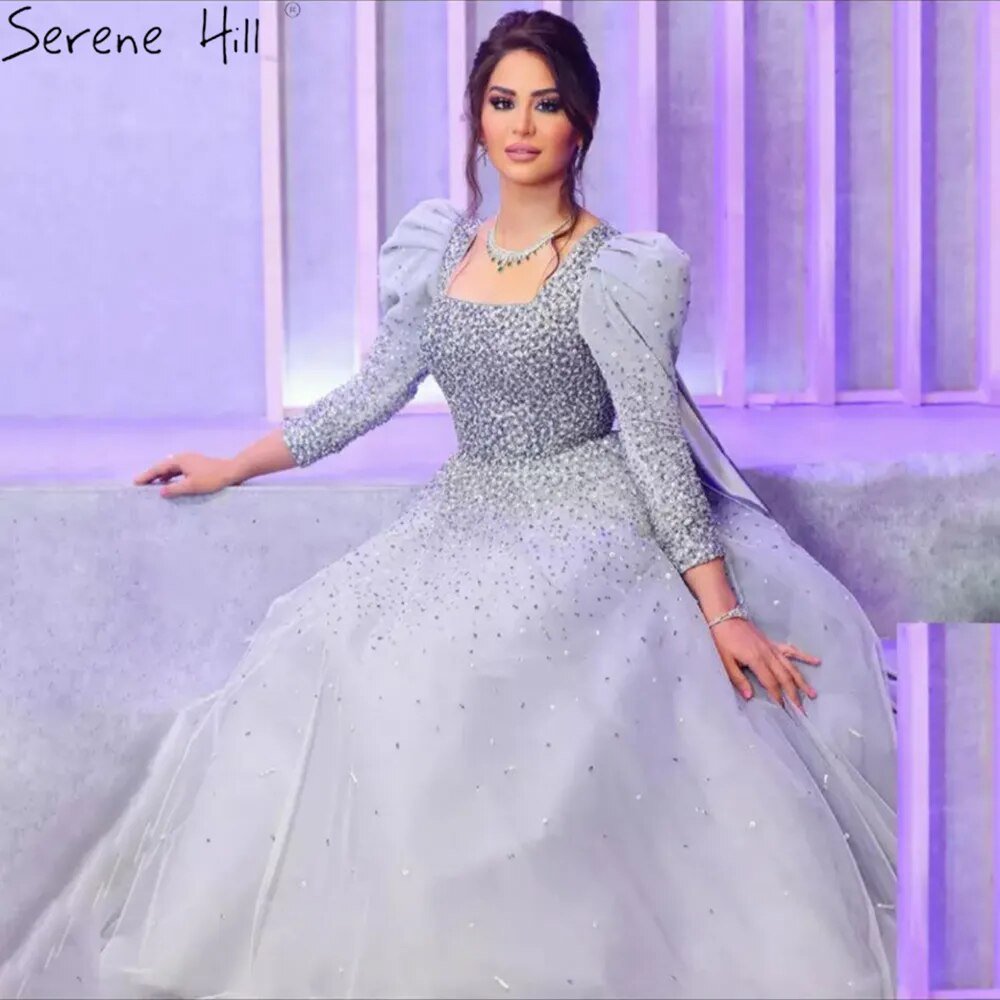 Arabic Grey A Line Elegant Beaded Luxury Evening Dresses Gowns Puffy Shoulder For Women Wedding Party 2025 LA71368