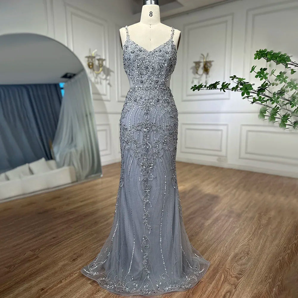 Arabic Grey Mermaid Spaghetti Straps Elegant Evening Dresses Gowns Luxury Beaded 2025 For Woman Party LA71652