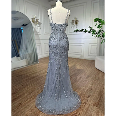 Robe de soirée élégante style sirène grise à bretelles spaghetti, tenue de luxe ornée de perles, style arabe, LA71652, 2025 