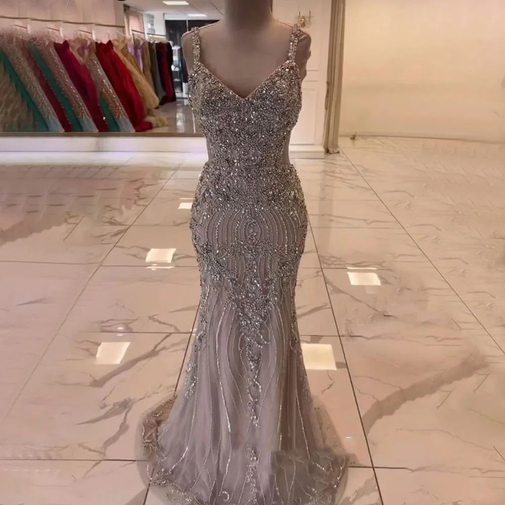 Vestidos de noche elegantes de sirena gris árabe con tirantes finos, vestidos de lujo con cuentas, para mujer, para fiestas, LA71652 