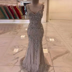 Vestidos de noche elegantes de sirena gris árabe con tirantes finos, vestidos de lujo con cuentas, para mujer, para fiestas, LA71652 