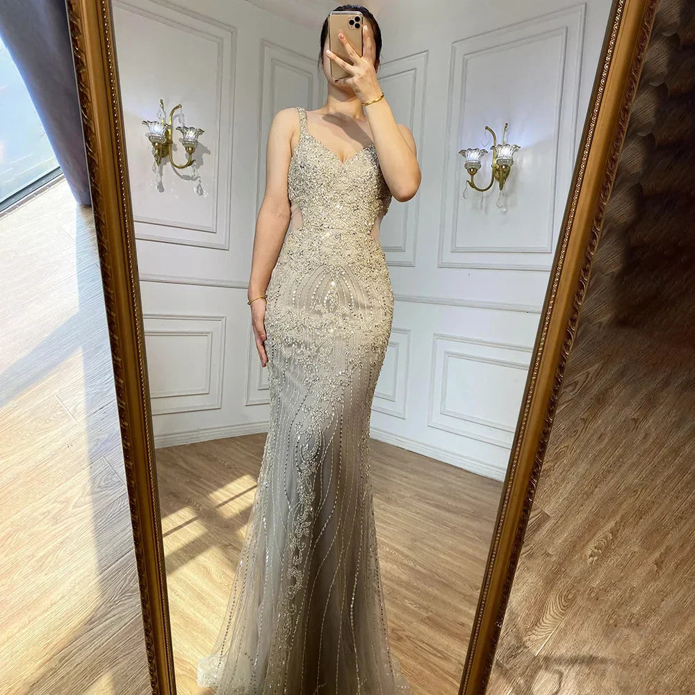 Arabic Grey Mermaid Spaghetti Straps Elegant Evening Dresses Gowns Luxury Beaded 2025 For Woman Party LA71652