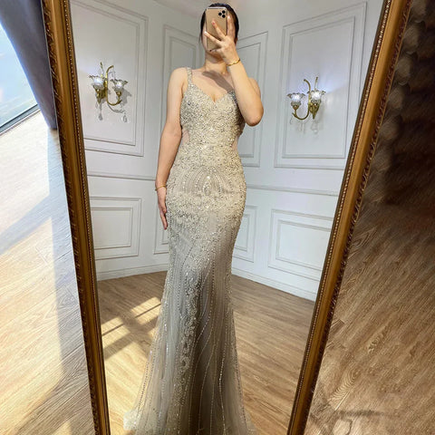 Robe de soirée élégante style sirène grise à bretelles spaghetti, tenue de luxe ornée de perles, style arabe, LA71652, 2025 