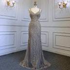 Vestidos de noche elegantes de sirena gris árabe con tirantes finos, vestidos de lujo con cuentas, para mujer, para fiestas, LA71652 