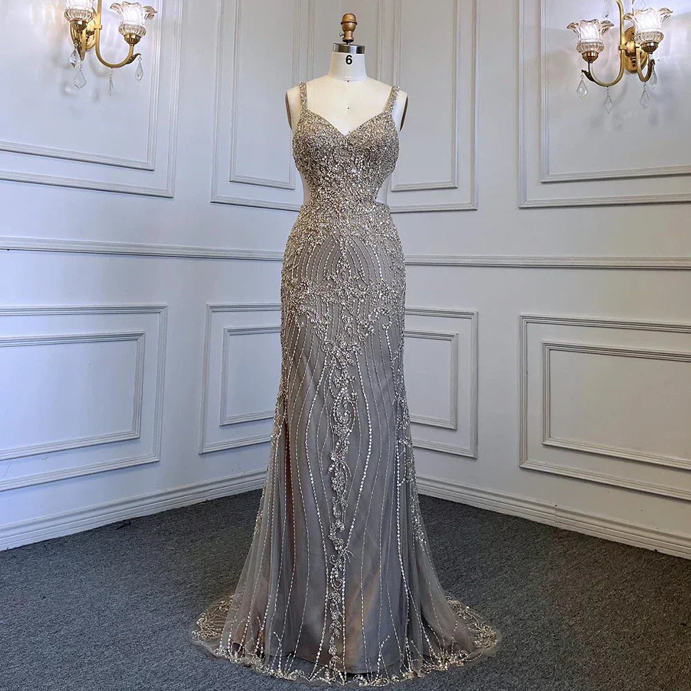 Arabic Grey Mermaid Spaghetti Straps Elegant Evening Dresses Gowns Luxury Beaded 2025 For Woman Party LA71652