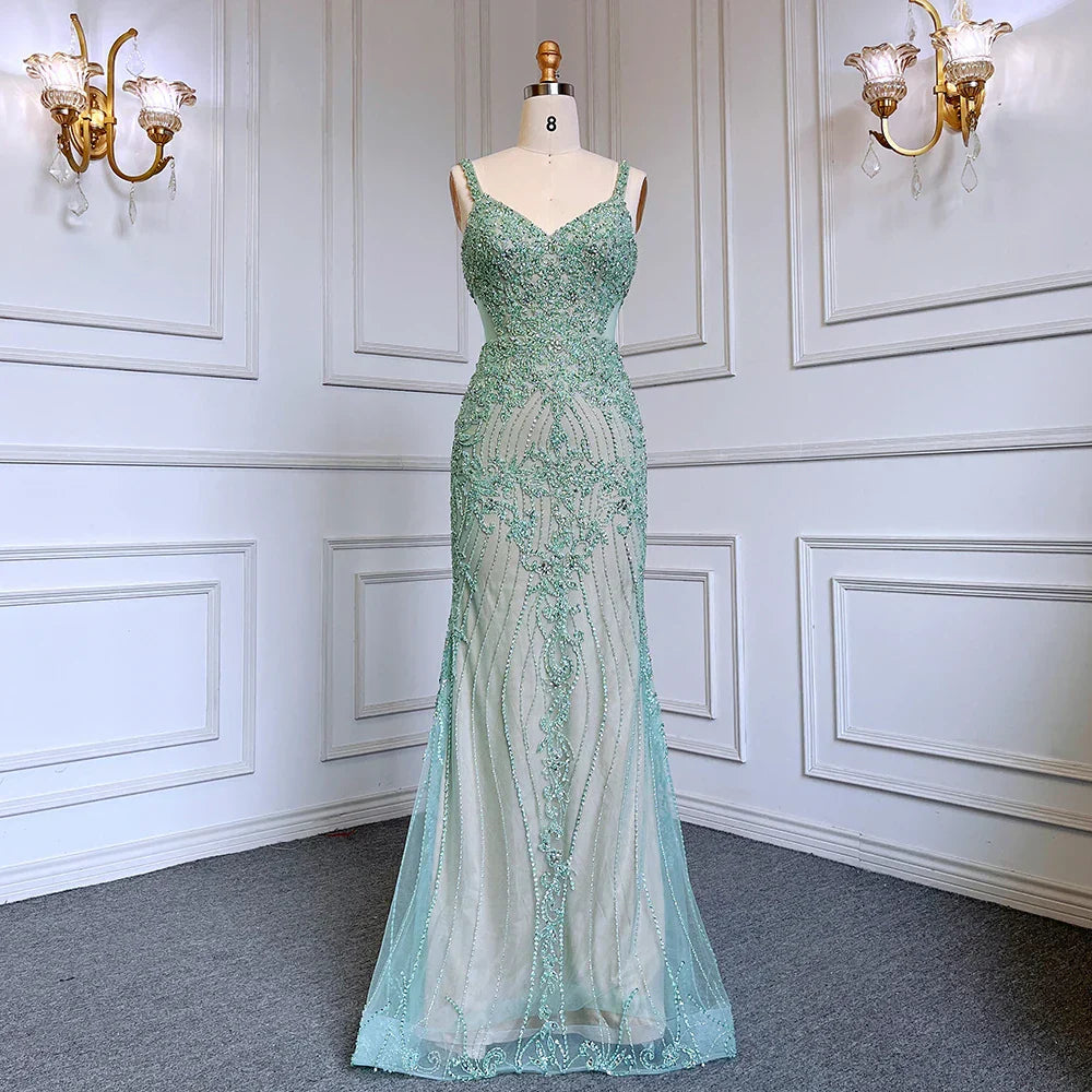 Vestidos de noche elegantes de sirena gris árabe con tirantes finos, vestidos de lujo con cuentas, para mujer, para fiestas, LA71652 
