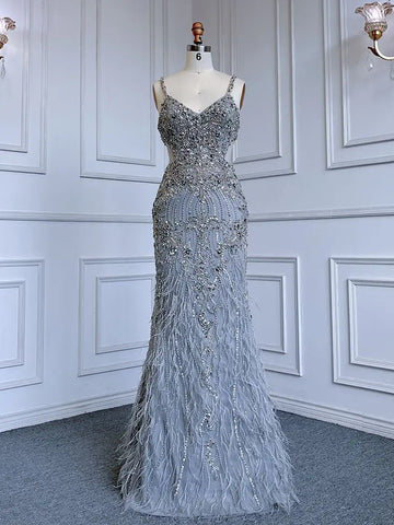 Robe de soirée élégante style sirène grise à bretelles spaghetti, tenue de luxe ornée de perles, style arabe, LA71652, 2025 
