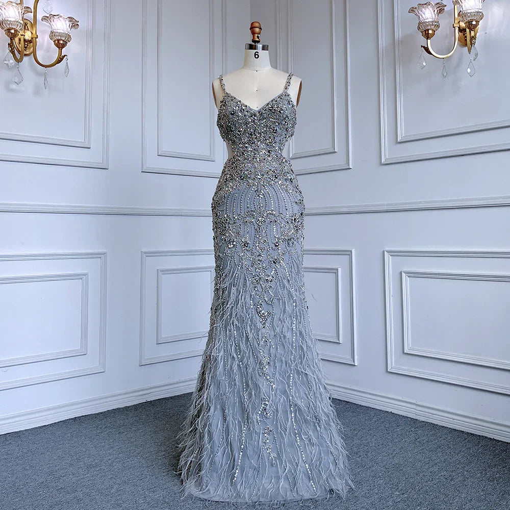 Arabic Grey Mermaid Spaghetti Straps Evening Dresses Gowns Luxury Beaded 2025 for Women's Wedding Party LA71652A