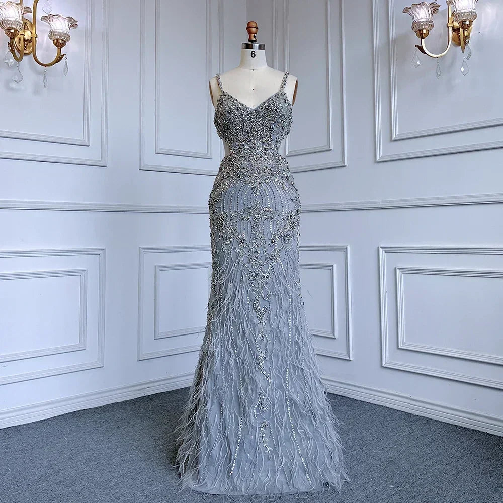 Vestidos de noche de sirena color gris árabe con tirantes finos, lujosos con cuentas, 2025 para bodas y fiestas de mujeres LA71652A 