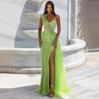 Vestidos de noche estilo sirena, asimétricos, con un solo hombro, abertura alta y cuentas, estilo árabe, color limón, para mujer, ideales para bodas y fiestas (LA71968)