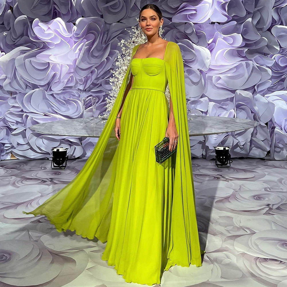 Saudi Arabic Lemon Yellow Dubai Evening Dresses with Cape LA71988