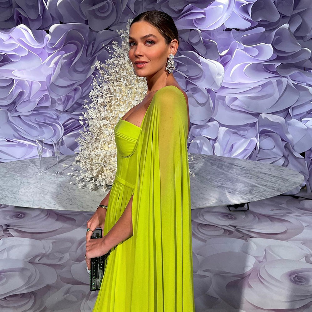 Saudi Arabic Lemon Yellow Dubai Evening Dresses with Cape LA71988