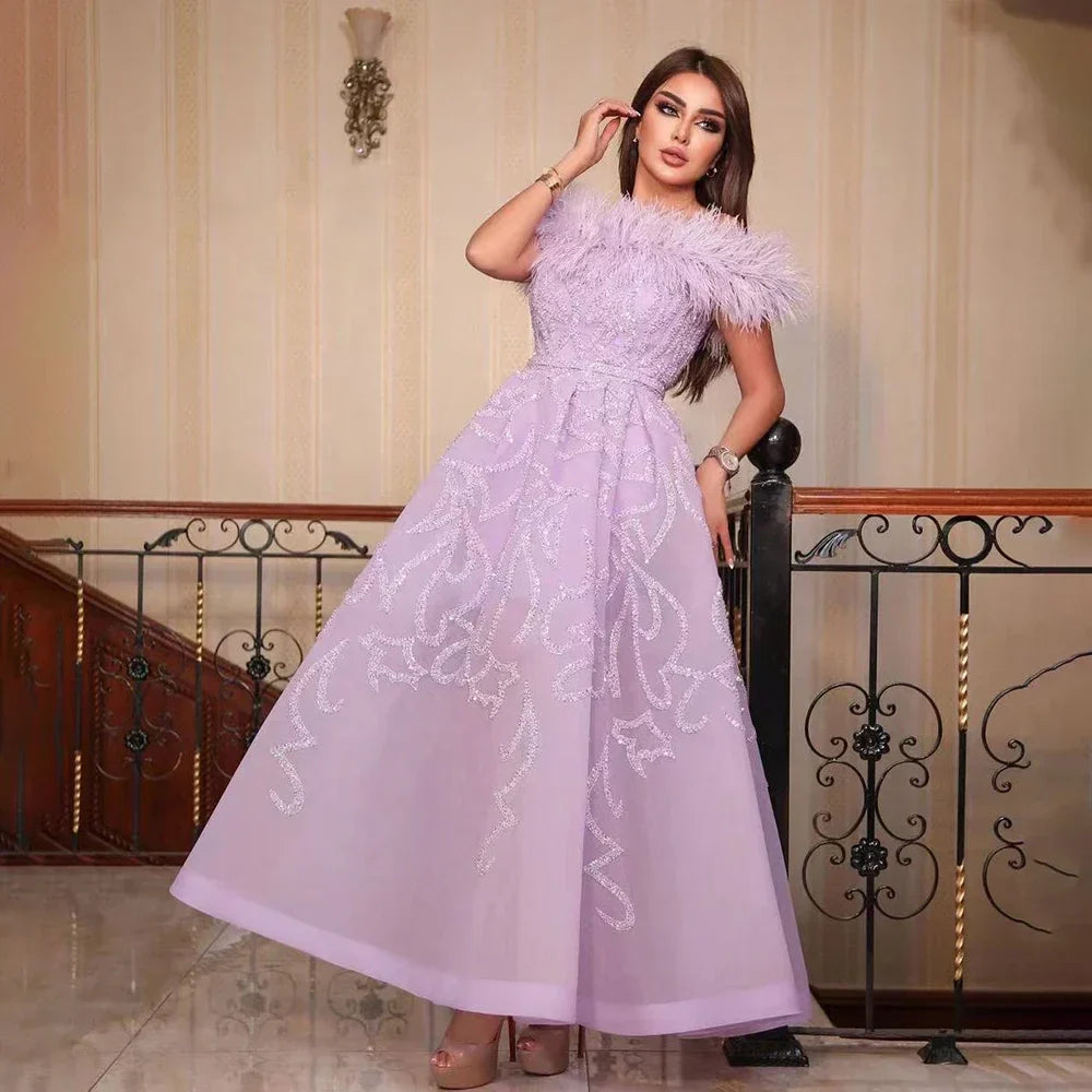 Vestidos de noche de lujo para mujer, estilo árabe lila, corte en A, hasta el tobillo, con cuentas y plumas, para bodas y fiestas 2025 LA71932 