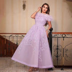 Vestidos de noche de lujo para mujer, estilo árabe lila, corte en A, hasta el tobillo, con cuentas y plumas, para bodas y fiestas 2025 LA71932 