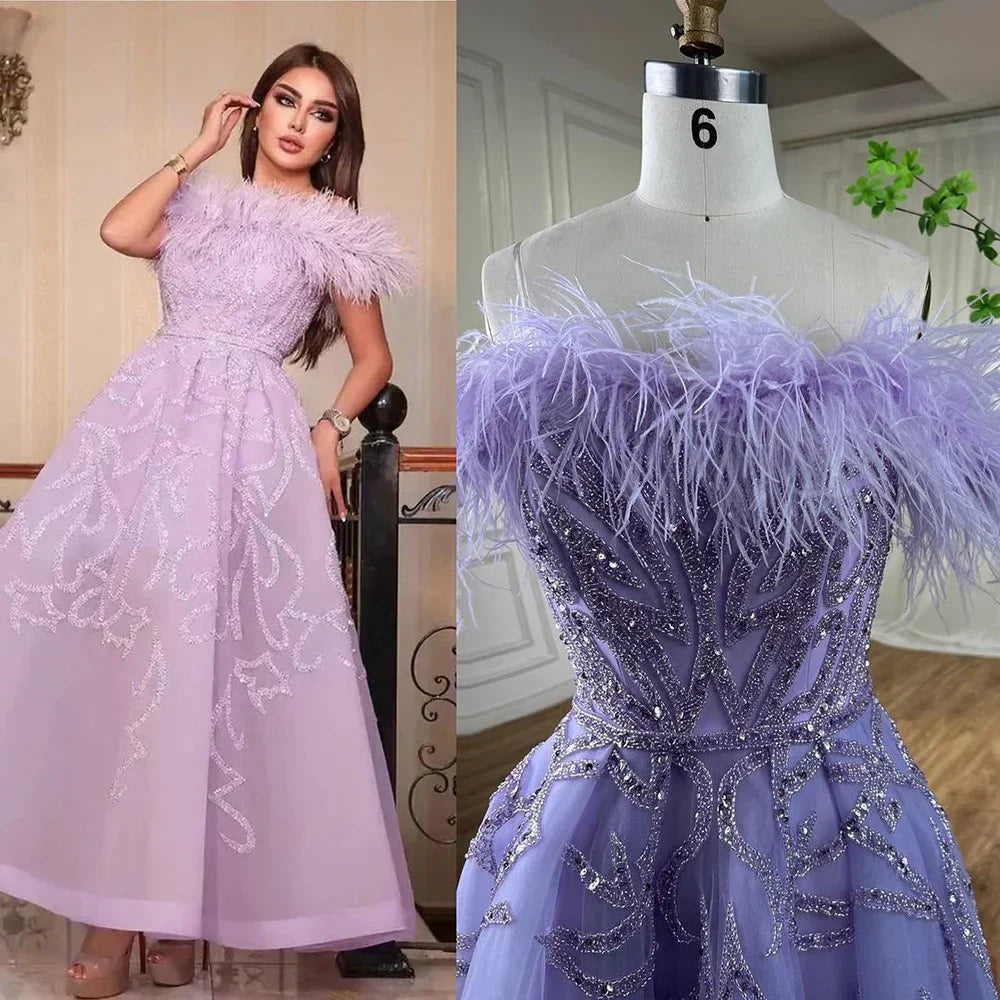 Vestidos de noche de lujo para mujer, estilo árabe lila, corte en A, hasta el tobillo, con cuentas y plumas, para bodas y fiestas 2025 LA71932 